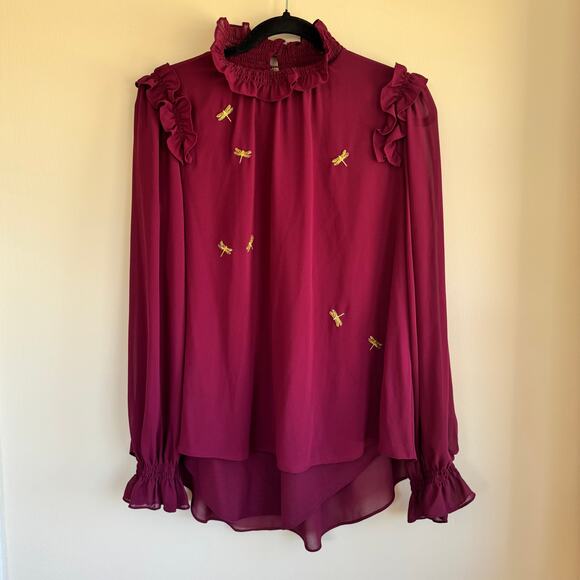 Ted Baker Tops - Ted Baker Embroidered Dragonfly Ruffled Blouse Burgundy Red Long Sleeve Sz 2/S